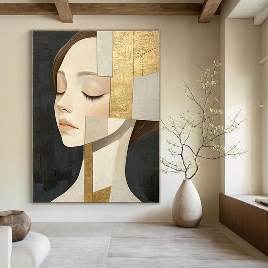 Large contemporary hand-painted abstract artwork featuring an elegant woman in beige tones with gold leaf accents against a dark gray background. DLZ1405