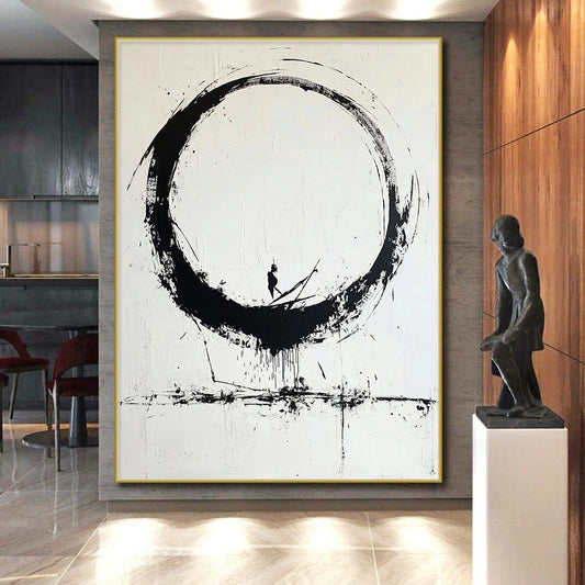 Black Circular Brushstroke with Figure - “Enso Journey” Painting On Canvas HB244