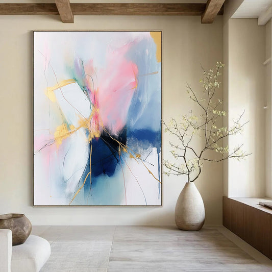 Large contemporary hand-painted abstract art featuring soft pink and blue tones with gold accents on a white background, creating an atmospheric and fluid composition. DLZ0806