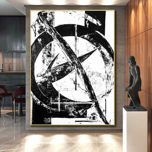 Black & White Abstract Geometric Marks - “Monochrome Urban Graffiti” Painting On Canvas HB221