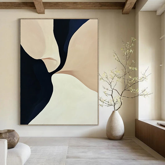 Contemporary hand-painted abstract art featuring smooth curves and flowing lines in light beige and navy blue tones with dark accents. DLZ0972
