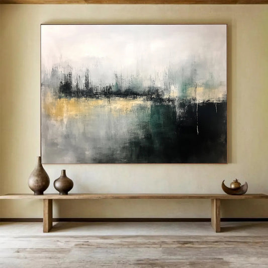 “Gray - Green Abstract Cityscape” - Gray, Green, Abstract Cityscape Painting On Canvas HB1112