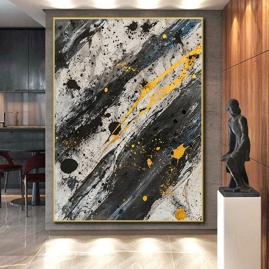 Black, White, Gray and Gold Splatter "Gilded Chaos" Painting On Canvas HB305