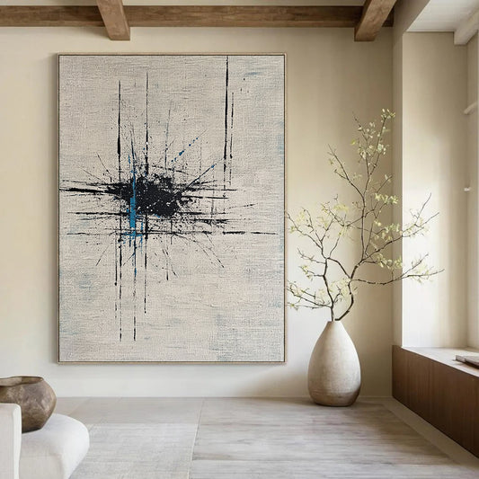 Contemporary hand-painted abstract artwork featuring dynamic lines and dots on white canvas enhanced by bold black ink and vibrant blue highlights. DLZ0883