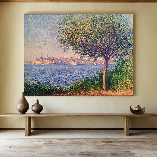 “Pointillist Tree and Sea” - Blue, Green, Purple, Pointillist Coastal Scene - Pointillist Oil Painting HB1675