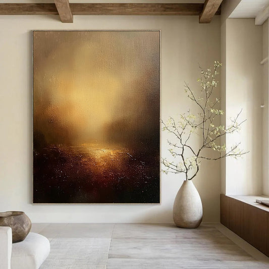 Contemporary abstract painting featuring an ethereal landscape with warm tones golden light and textured canvas against a dark sky backdrop. DLZ0458