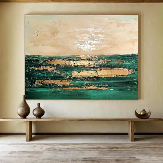 “Coastal Abstract with Gold” - Green, Gold, Coastal Landscape Painting On Canvas HB0888