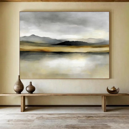 “Misty Mountain Lake” - Gray, Beige, Green, Layered Mountains and Reflective Lake Painting On Canvas HB0916