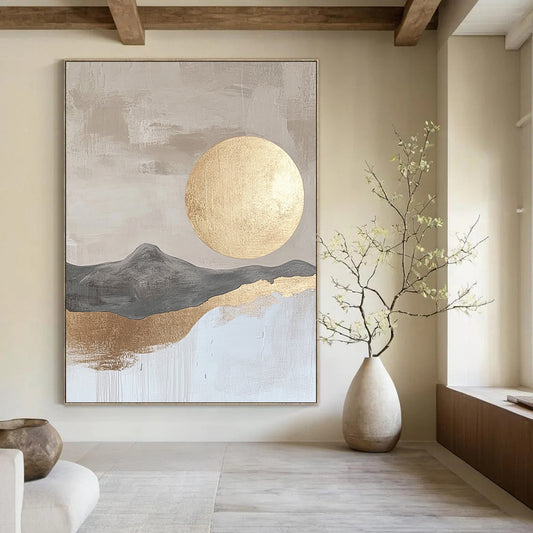 Contemporary hand-painted abstract art featuring a beige and gray landscape with a golden moon on textured paper surface in neutral colors. DLZ0284