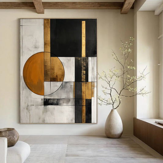 Contemporary abstract painting with white black gray and gold shapes featuring an orange circle and simple forms perfect for modern decor. DLZ0765