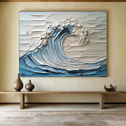 Blue, White and Gray Textured Wave "Sculpted Surf" Painting On Canvas HB0420