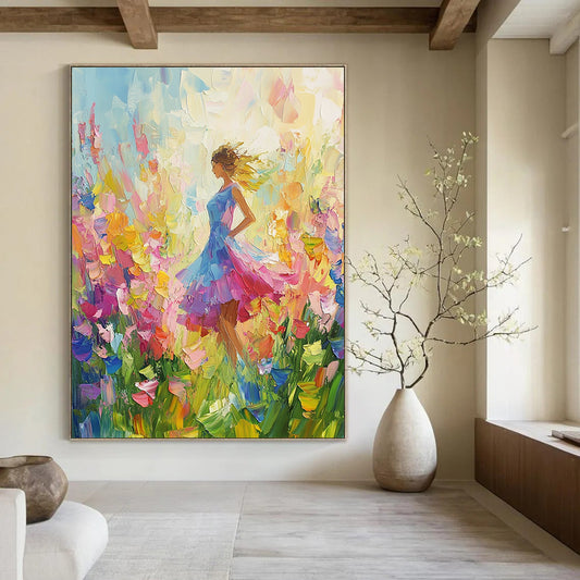 Vibrant contemporary abstract painting featuring colorful wildflowers with a palette knife technique against a soft-hued background. Perfect for brightening any space. DLZ1570
