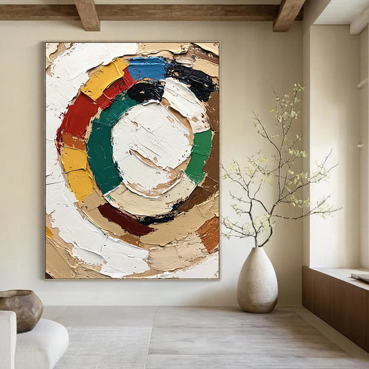 Contemporary abstract painting featuring the Olympic symbol with textured strokes and vibrant accents conveying a joyful expression in neutral colors. DLZ0654