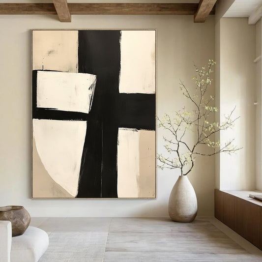Contemporary hand-painted abstract art featuring bold black and white blocks minimalistic design with a central square and X motif. DLZ0508