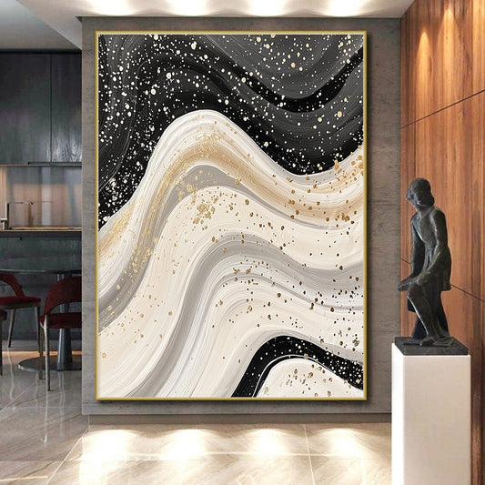 Black, White & Gold Swirling Waves - “Luxe Fluid Motion” Painting On Canvas HB210