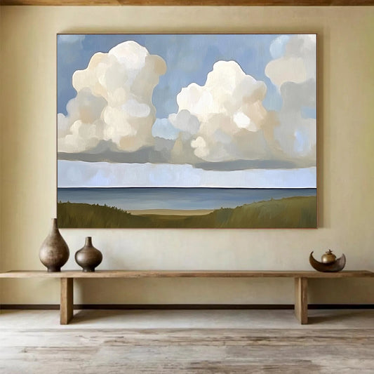 “Cloudy Coastal View” - Blues, Whites, Greens, Clouds Over the Sea with Grasslands - Minimalist Acrylic Painting HB1708