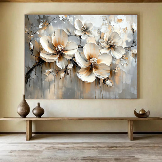 “Beige - Gray Floral Blooms” - Beige, Gray, White, Textured Floral Blooms - Impasto Oil Painting HB1783