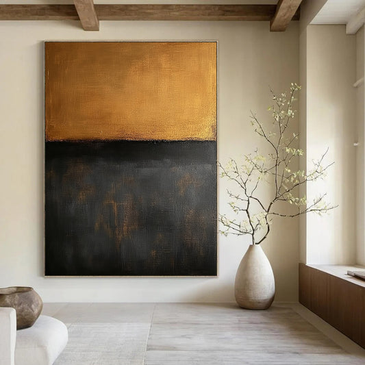 Contemporary large hand-painted abstract art features a minimalist brown and dark gray oil on canvas background in the style of Mark Rothko. DLZ0700