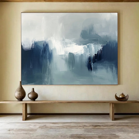 “Muted Tonal Abstract Landscape” - Shades of gray, blue, white; Abstract landscape with soft brushstrokes; Oil Painting On Canvas HB1237
