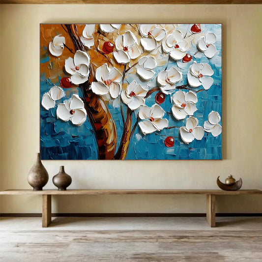 “Textured White Blossoms on Blue” - White, red, brown, blue; 3D - like white flowers on a textured blue background; Palette Knife Oil Painting On Canvas HB1198