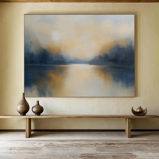 “Misty Lake at Dawn” - Greys, Yellows, Blues, Foggy Lake - Minimalist Oil Painting HB1569