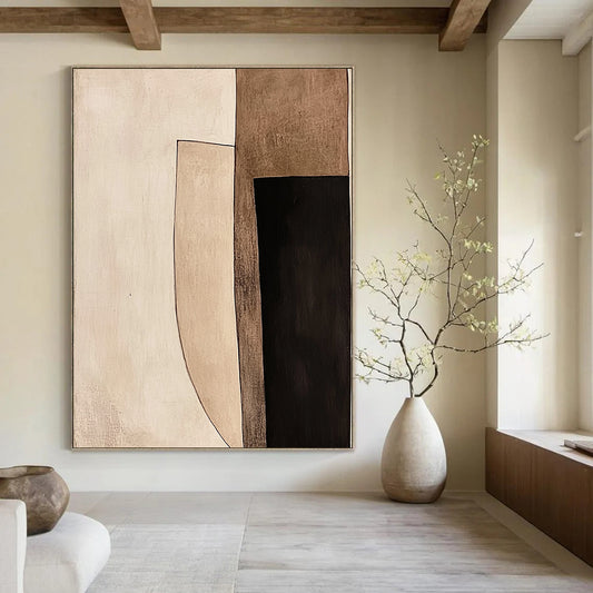 Contemporary hand-painted abstract art with geometric shapes featuring light brown and black tones bordered in white against a minimalist beige background. DLZ1424