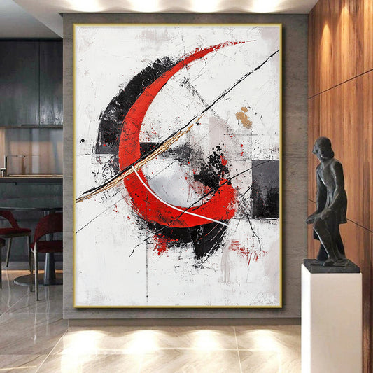 White, Red, Black, Gray, Gold, Circular Motifs "Crimson Enso" Abstract Zen - Inspired Painting On Canvas HB070