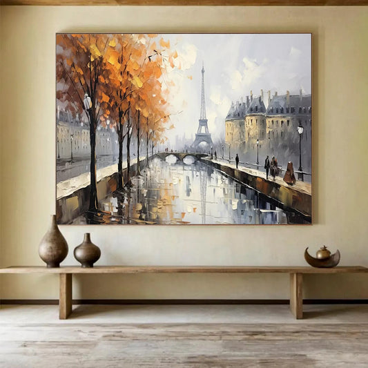 Paris Autumn Canal Oil Painting - Large Romantic Living Room Decor DLZ171