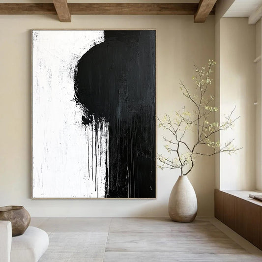 Contemporary hand-painted abstract art featuring bold brush strokes, minimalistic design, dynamic shapes, and unique paint drips on a textured canvas backdrop. DLZ0300