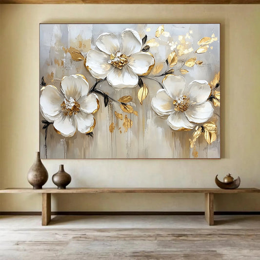 “White Flowers with Gold Edges on Beige” - White, Gold, Beige, White flowers with gold edges on beige - Impasto Oil Painting HB1787