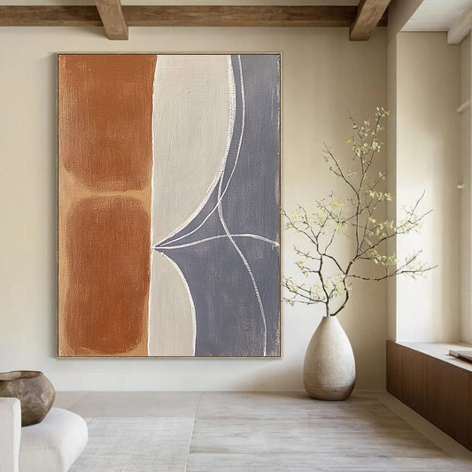 Contemporary abstract painting featuring organic shapes with terracotta brown and gray-blue hues enhanced by thick white lines and soft edges on a light gray background. DLZ0964