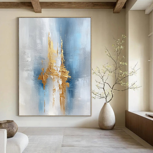 Large contemporary hand-painted abstract artwork featuring a textured light gray and white background with intricate blue and gold accents. DLZ0328