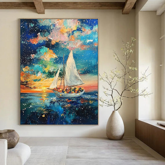 Contemporary abstract painting featuring a sailboat at sunset with vibrant fruits and vegetables against a starry ocean background in rich colors. DLZ1709