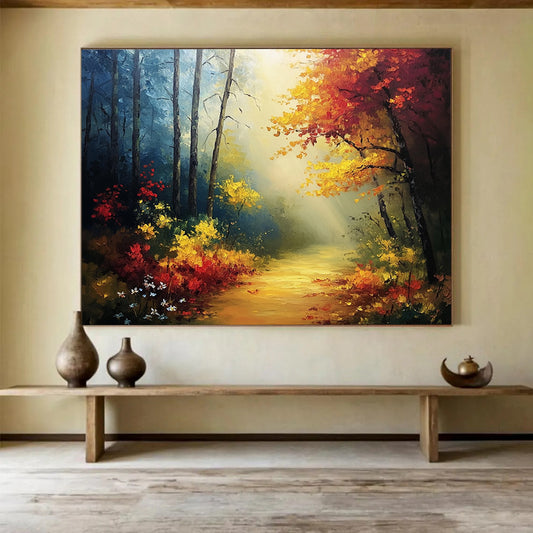 “Sunlit Forest Path” - Yellows, Reds, Greens, Forest Path with Sunbeams - Impasto Oil Painting HB1711