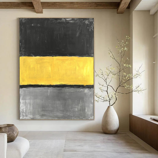 Large contemporary hand-painted abstract artwork featuring a striking yellow stripe on a grey background in minimalist oil expression. DLZ1390