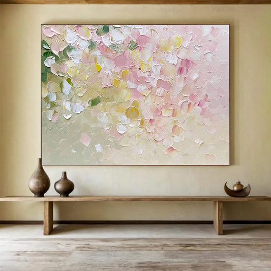 “Pastel Petals” - Delicate pinks, whites, greens, yellows; Textured flower petals; Impasto Floral Painting On Canvas HB1151