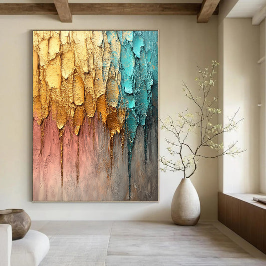 Contemporary abstract painting featuring textured brush strokes in gold silver and teal against a muted gray background with dynamic raindrop-like lines. DLZ1193