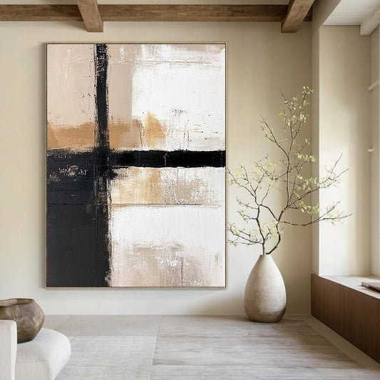 Contemporary hand-painted abstract artwork featuring a white background, bold black lines, and striking brown and beige color blocks. DLZ1650