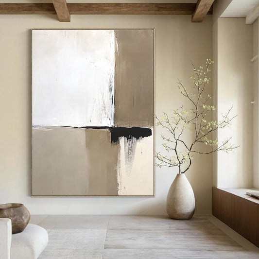 Contemporary abstract artwork featuring neutral white and beige tones accented by bold black brushstrokes simple shapes and clean lines. DLZ1604