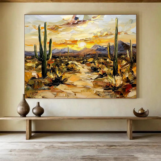 “Desert Sunset with Cacti” - Warm Oranges, Yellows, Greens, Desert Landscape with Cacti - Impasto Oil Painting HB1686