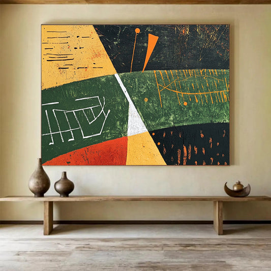 “Geometric Landscape Abstract” - Green, Yellow, Orange, Black, White, Geometric Fields, Symbols - Painting On Canvas HB1445