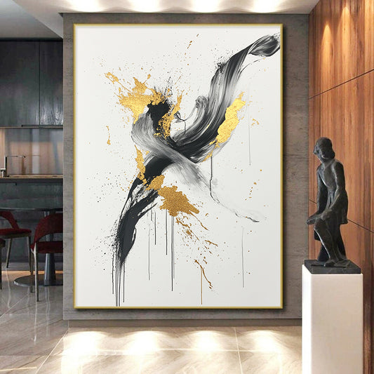 Black, White, Gold, Gray, Swirling Splashes "Gilded Chaos" Abstract Expressionist Painting On Canvas HB098
