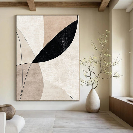 Contemporary handcrafted abstract art featuring elegant lines and curves in beige tones with striking black accents, perfect for sophisticated decor. DLZ0797