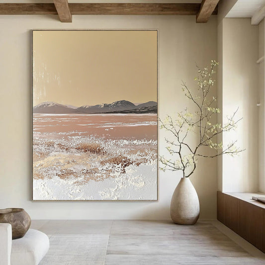 Contemporary hand-painted abstract artwork featuring a textured beige canvas with soft edges and gentle color transitions, inspired by a vast desert landscape. DLZ1487
