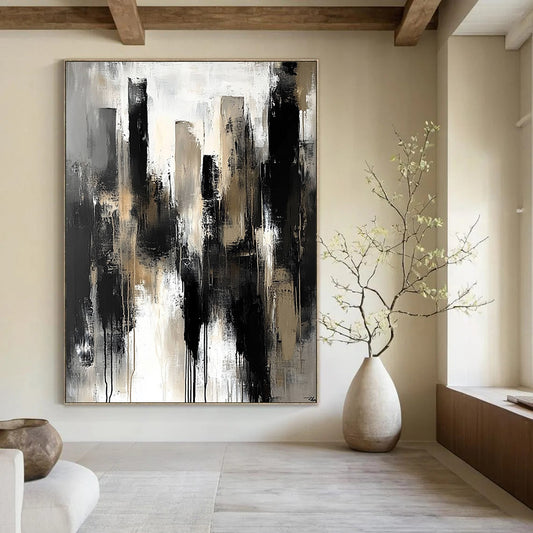Contemporary abstract painting featuring dark gray tones large brush strokes muted neutral colors and a sense of urban melancholy and isolation. DLZ0313