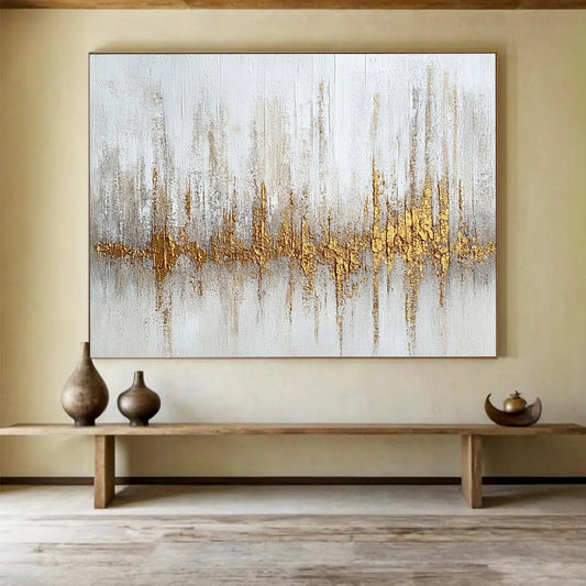“Gilded Soundwave” - White, gold, gray; Textured gold soundwave on white; Mixed Media Painting On Canvas HB1207