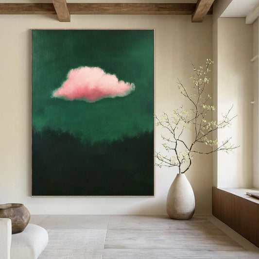 Contemporary minimalist art featuring a single pink cloud against a dark green background exuding low contrast elegance. DLZ1682