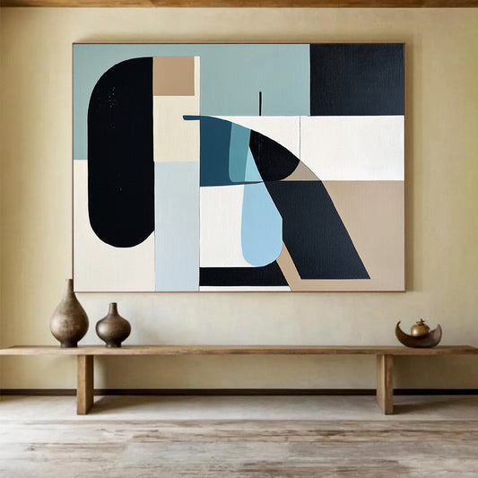 “Pastel Geometric Shapes” - Blue, Beige, Black, Abstract Forms - Mid - Century Acrylic Painting HB1492