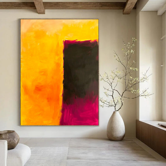 Contemporary hand-painted abstract art featuring a striking interplay of yellow and dark pink, evoking emotion and contemplation in a minimalist style. DLZ1363