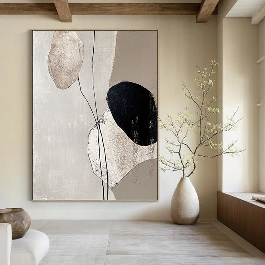 Contemporary hand-painted abstract art featuring tranquil beige tones and textured stone-like forms highlighting calmness and minimalism in any space. DLZ1132
